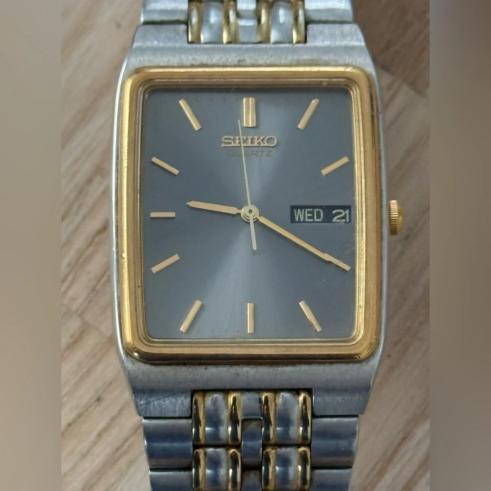 Seiko Rare Vintage Tank Watch Rectangular Gray Dial Two-Tone Case Bracelet Date